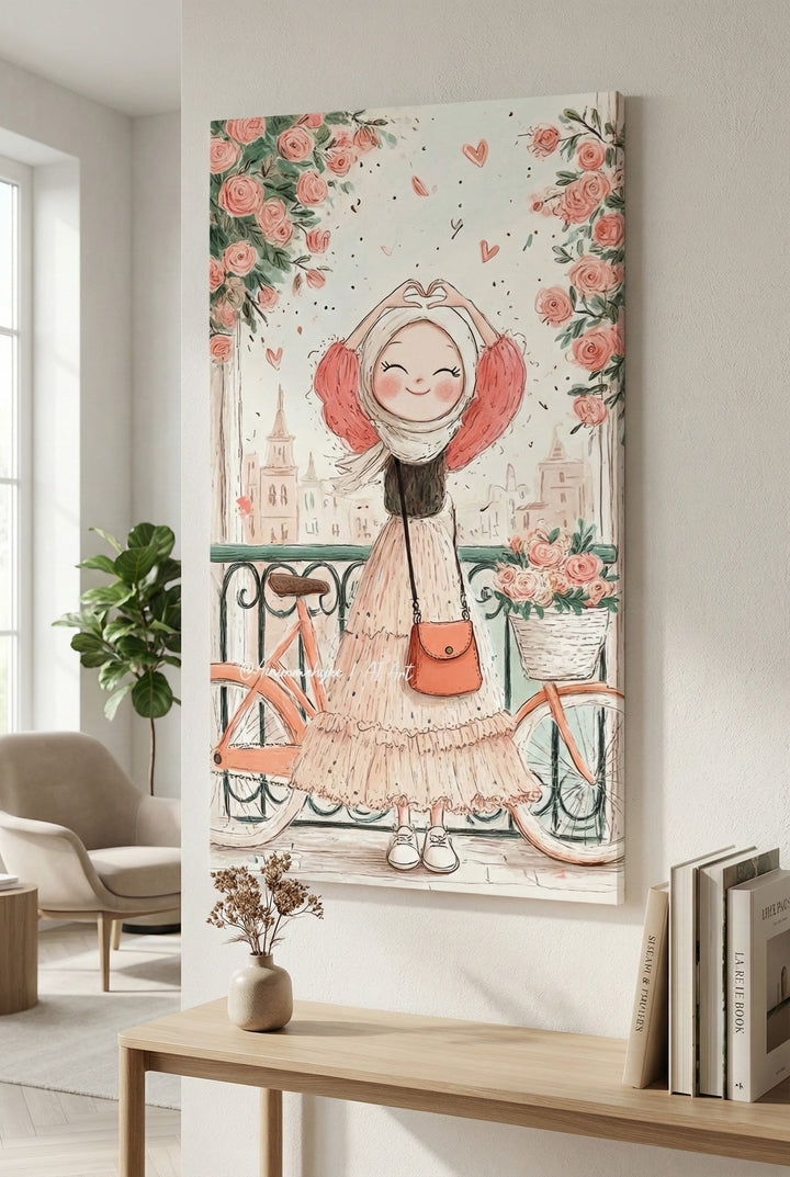 Romantic Girl with Bicycle Canvas Art