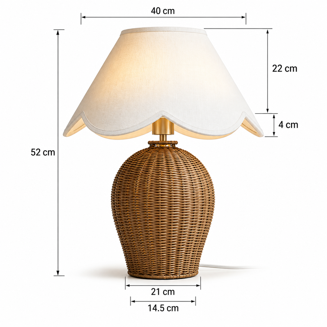 Rattan Table Lamp with Scalloped Linen Shade