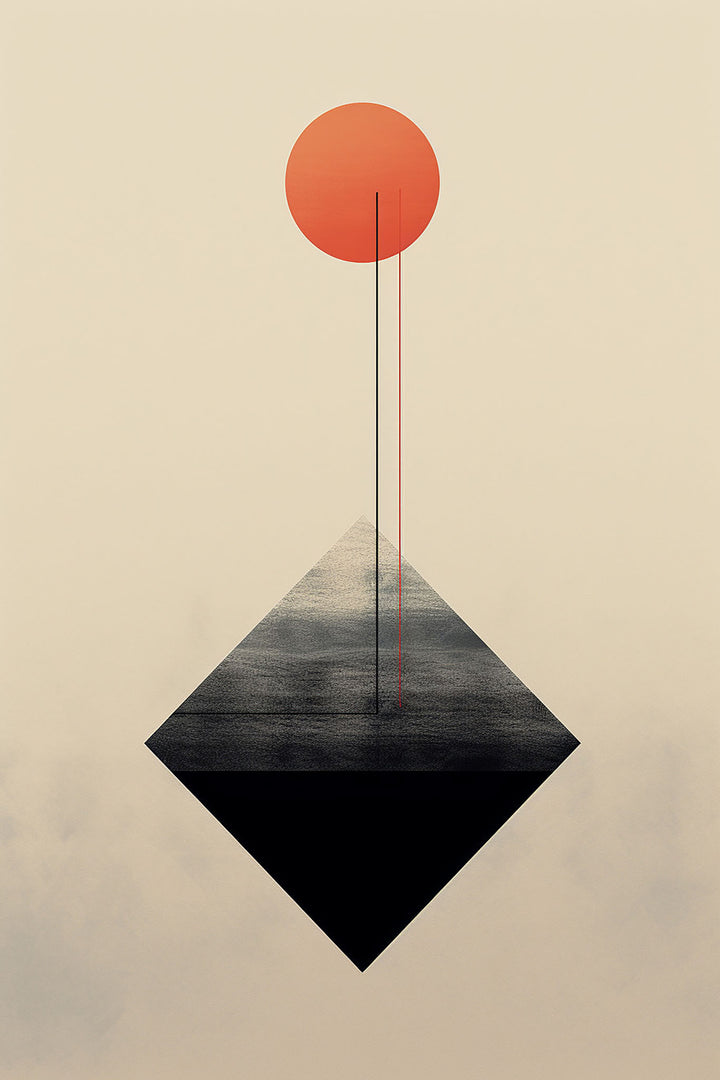 Wadi Home minimalist abstract wall art with black diamond and red sun on cream background.