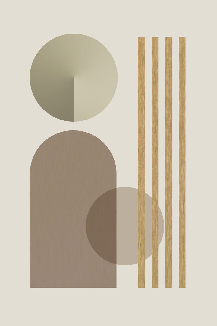 Wadi Home abstract geometric wall art with neutral tones, circles, arches, and vertical stripes.