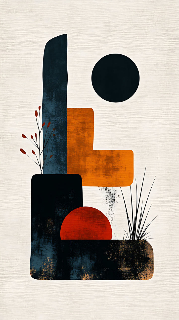 Wadi Home abstract geometric wall art with navy, orange, red shapes and gold accents on textured background.