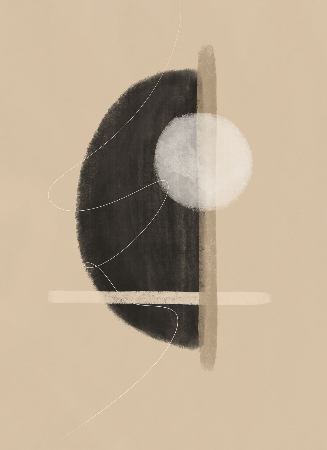 Wadi Home abstract geometric circle canvas art in beige, black, and white with minimalist design.