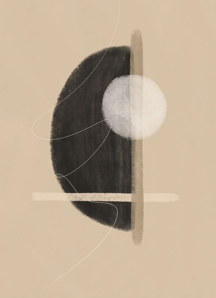 Wadi Home abstract geometric circle canvas art in beige, black, and white with minimalist design.
