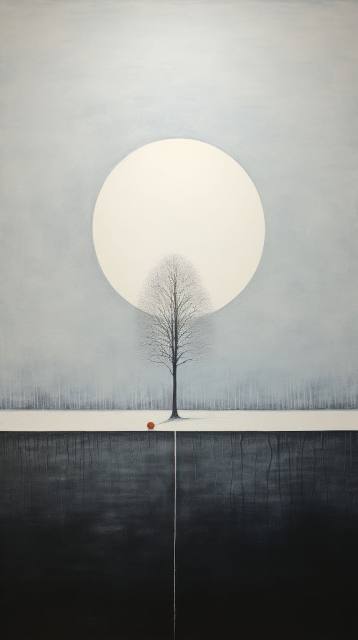 Wadi Home minimalist tree and moon wall art, serene landscape with solitary tree under full moon.