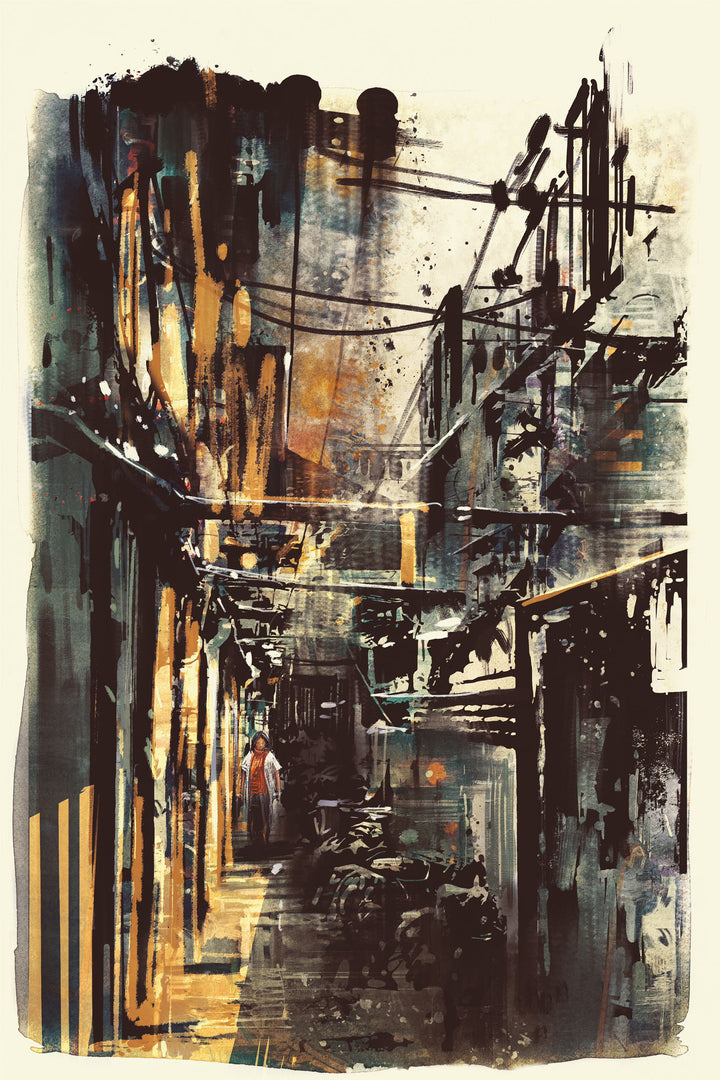 Wadi Home Urban Alleyway abstract wall art with dark tones and golden light, textured painterly style.