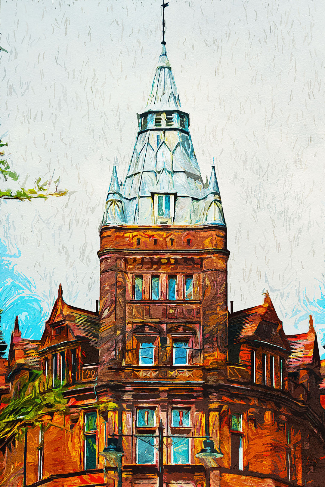 Wadi Home impressionist wall art of a Victorian building with intricate architecture in warm, earthy tones.