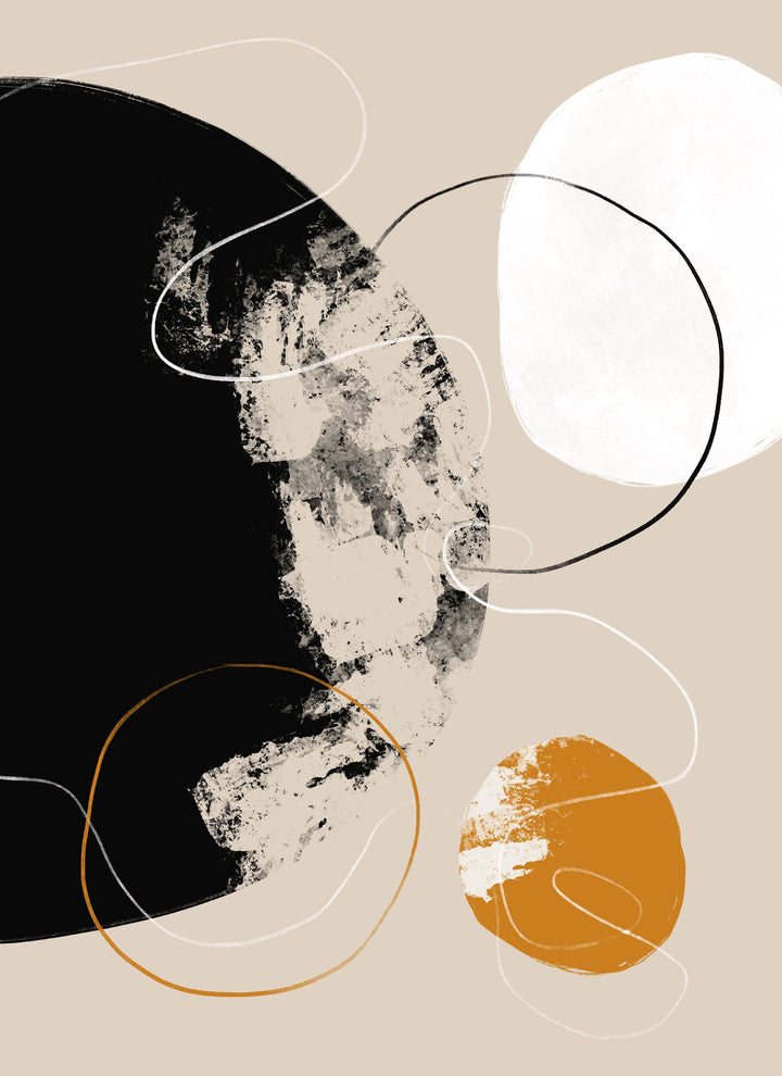 Wadi Home abstract wall art with black, white, and ochre circles and lines on a beige background.