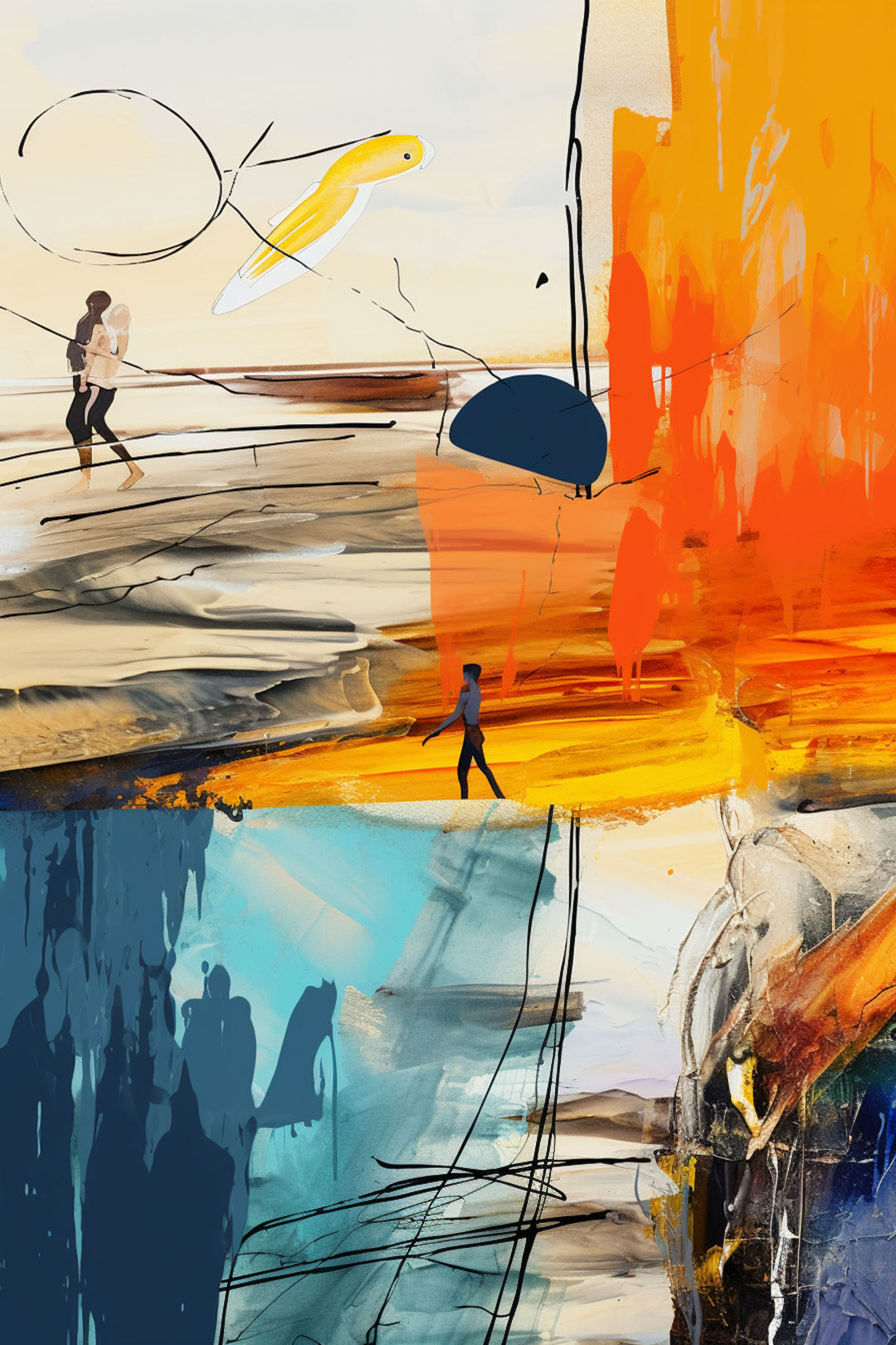 Wadi Home abstract wall art with bold orange, blue, and yellow colors, featuring stylized figures and dynamic brushstrokes.