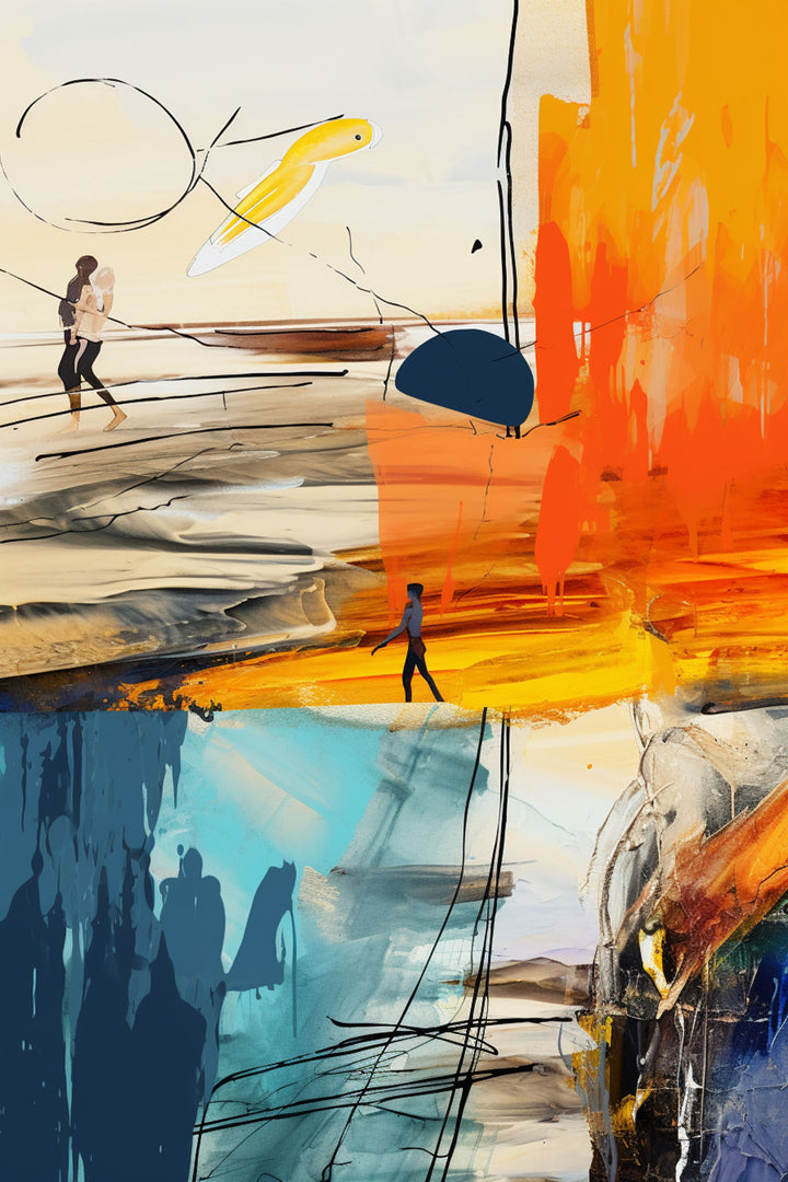 Wadi Home abstract wall art with bold orange, blue, and yellow colors, featuring stylized figures and dynamic brushstrokes.