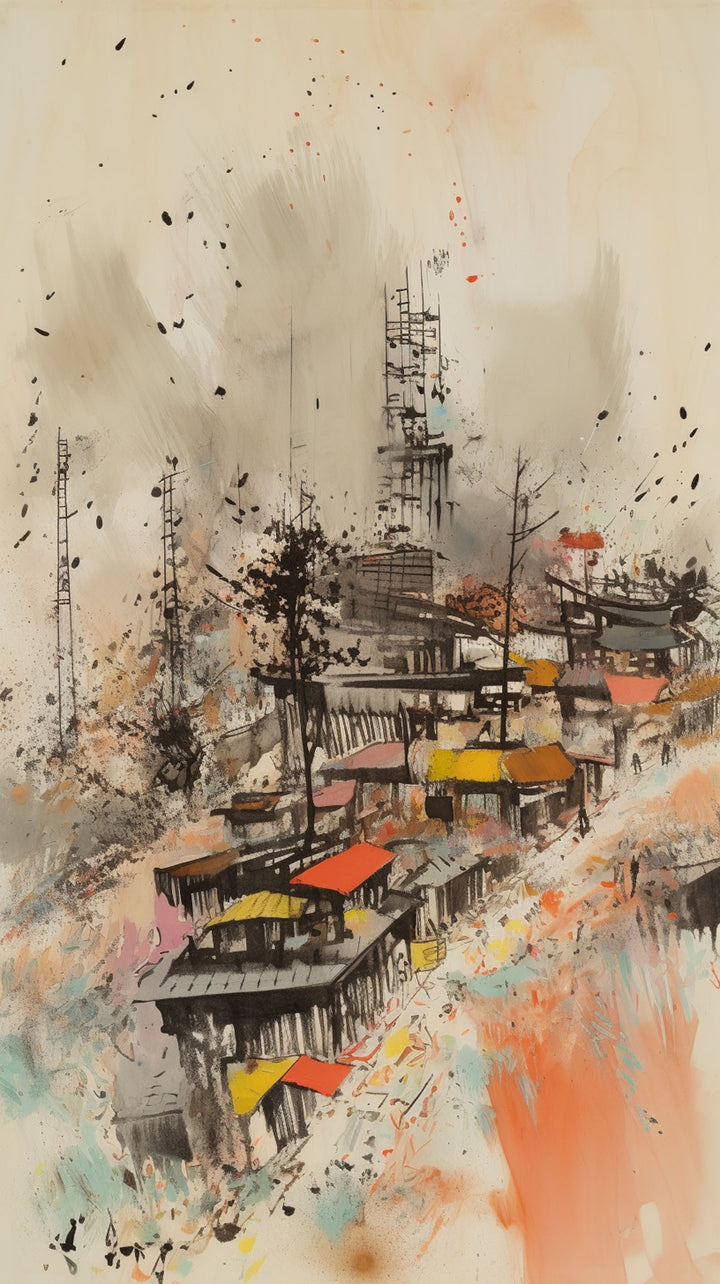 Wadi Home abstract cityscape wall art with vibrant colors and textured brushstrokes, depicting urban energy.
