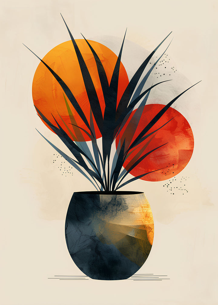 Wadi Home Abstract Botanical Vase Wall Art featuring a minimalist design with bold strokes in deep blues, warm oranges, and lush greens.