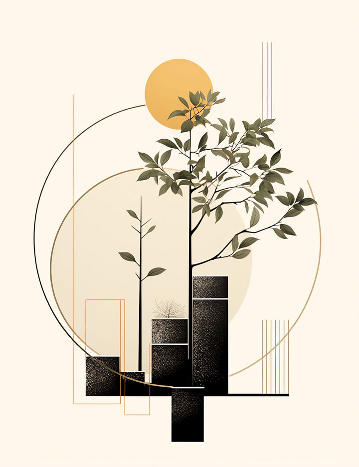 Wadi Home abstract botanical tree wall art with minimalist design, neutral colors, and geometric elements.