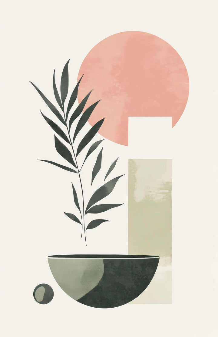 Wadi Home abstract botanical wall art with muted greens, blush pink, and cream. Minimalist design with organic shapes and geometric forms.