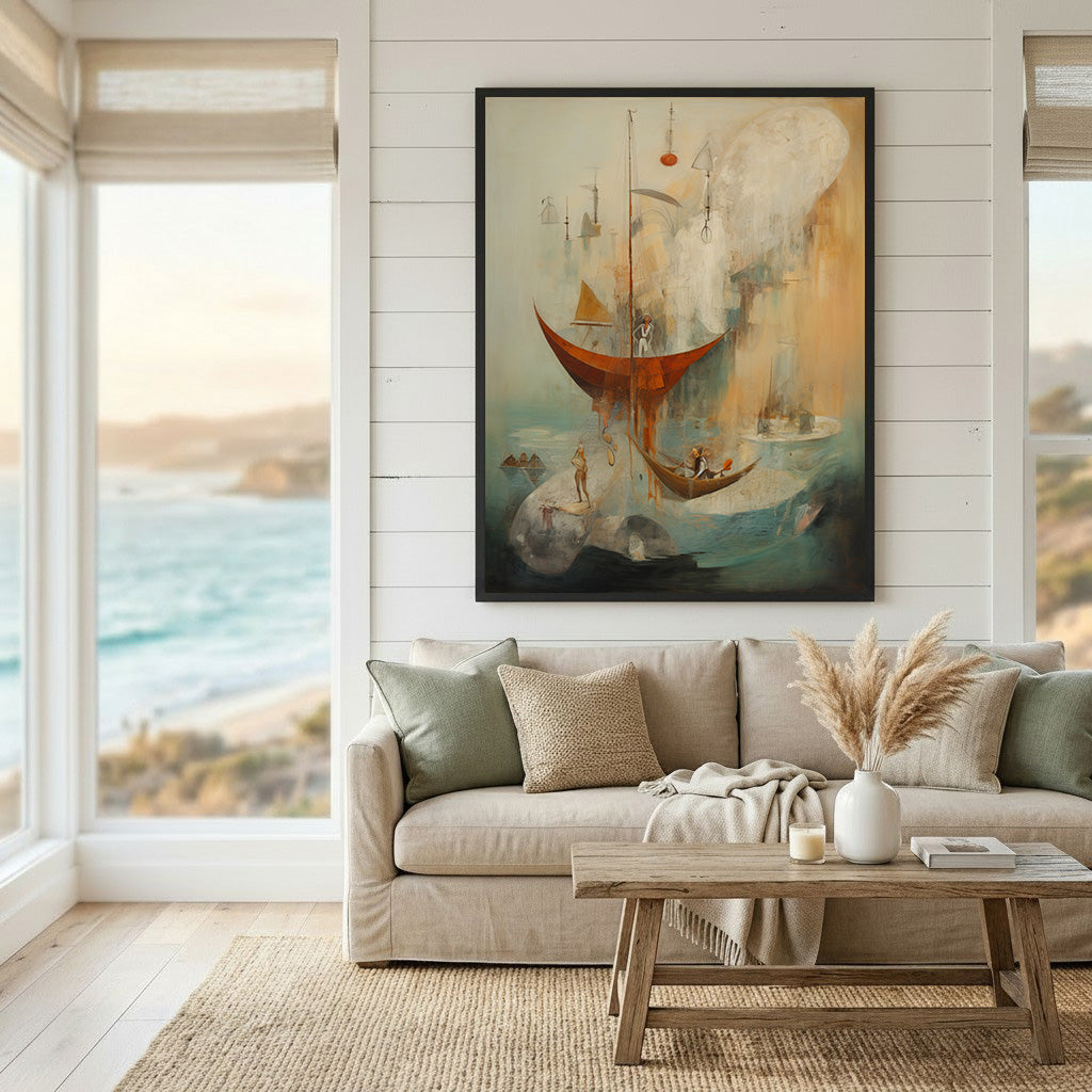 Wadi Home abstract nautical scene wall art with boats in muted blues, oranges, and whites.