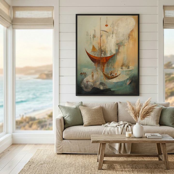 Wadi Home abstract nautical scene wall art with boats in muted blues, oranges, and whites.