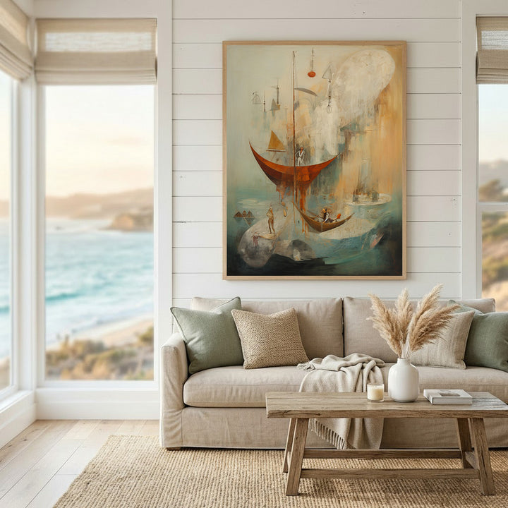 Wadi Home abstract nautical scene wall art with orange boats and muted blue seascape. Canvas print.