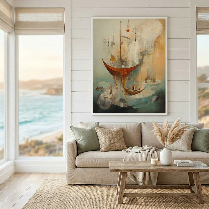 Wadi Home abstract nautical scene wall art with orange boats and muted blues, cream, and orange palette.