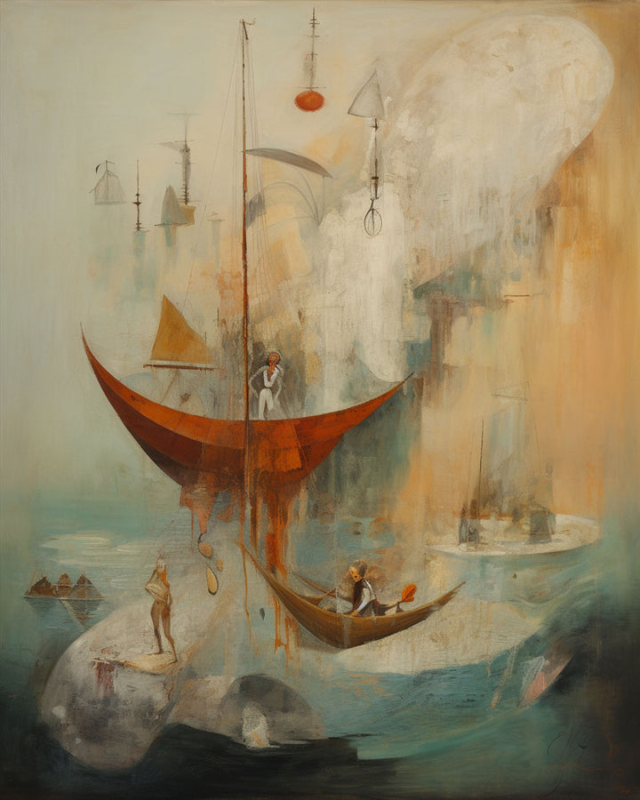 Wadi Home abstract nautical scene wall art with orange sailing vessels and ethereal seascape in muted blues, oranges, and whites.