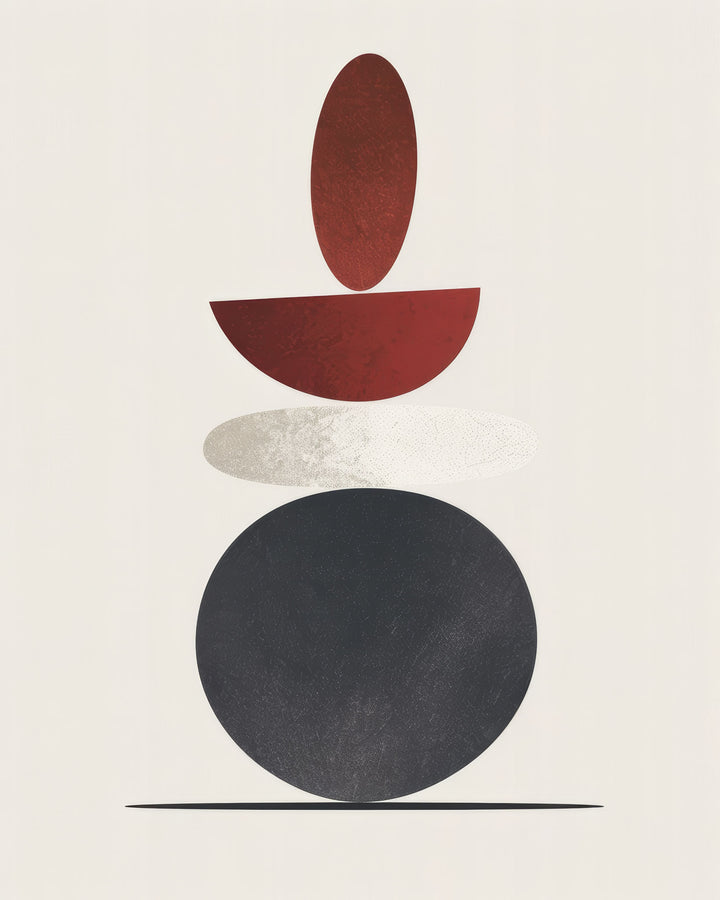 Wadi Home abstract geometric stacked shapes wall art in red, grey, and black on a cream background, framed with MDF and glass.