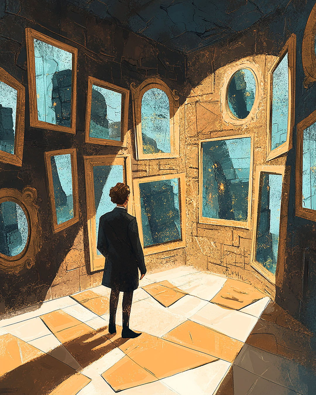 Wadi Home artwork: Man in suit surrounded by mirrors in a surreal room, modern wall art.