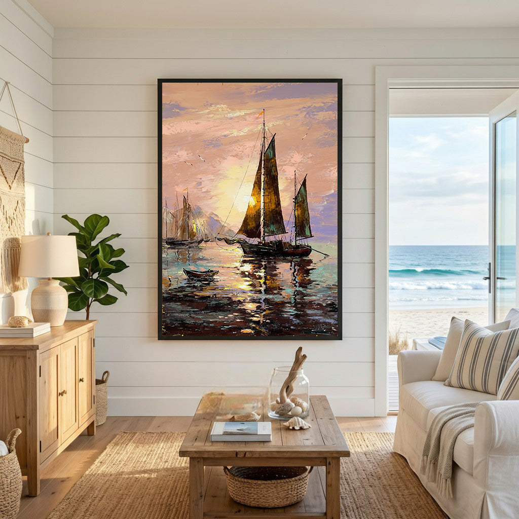 Wadi Home Sailboats at Sunset oil painting wall art. Vibrant seascape with sailboats on calm water at sunset, warm golden glow.