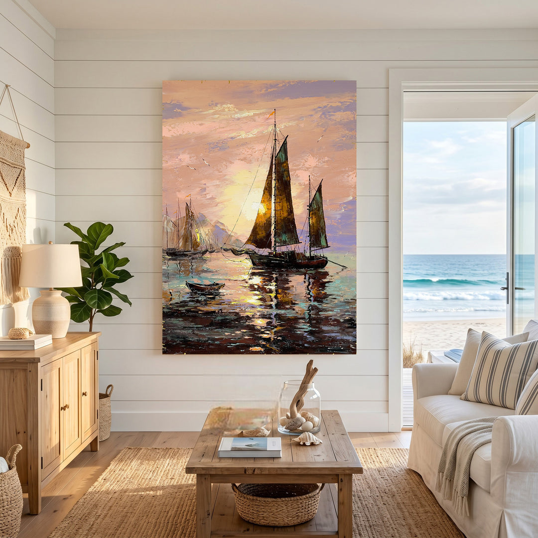 Wadi Home oil painting of sailboats at sunset over calm water, with warm golden light reflecting on the sea.