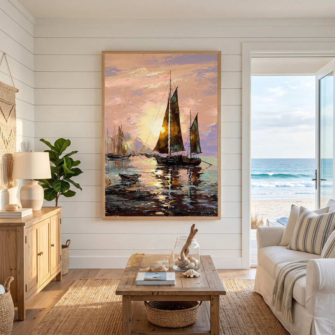 Wadi Home oil painting of sailboats at sunset with warm golden glow and reflections on calm water.