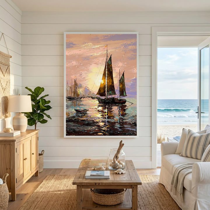 Wadi Home oil painting of sailboats at sunset with warm golden glow and reflections on calm water.