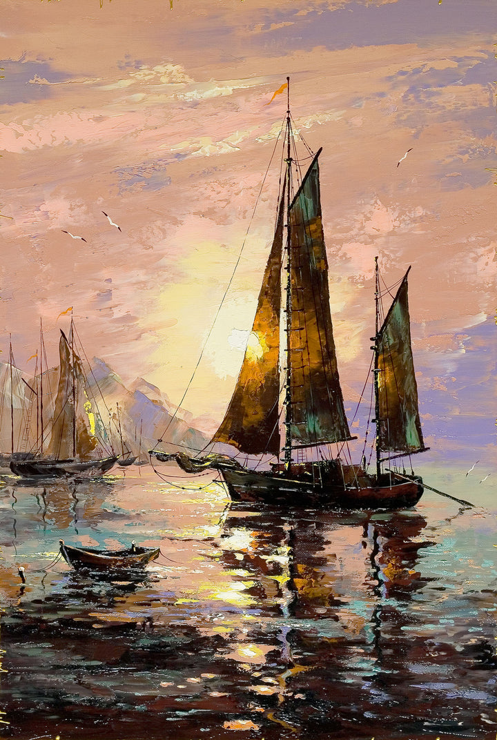 Wadi Home oil painting of sailboats at sunset over calm water, with warm golden light reflecting on the sea.