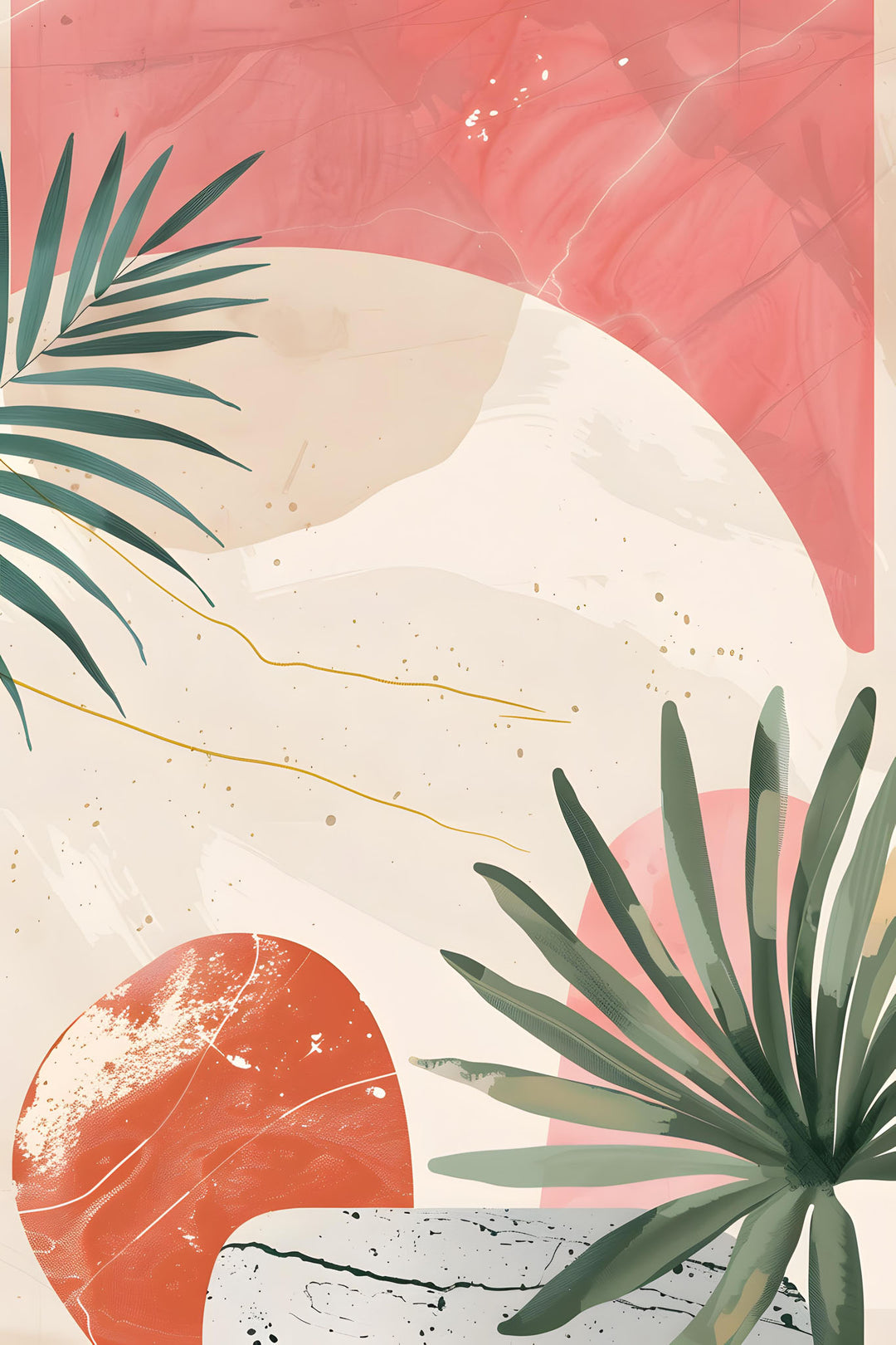 Wadi Home abstract botanical artwork with green palm leaves, coral shapes, and beige background. Modern tropical wall art.