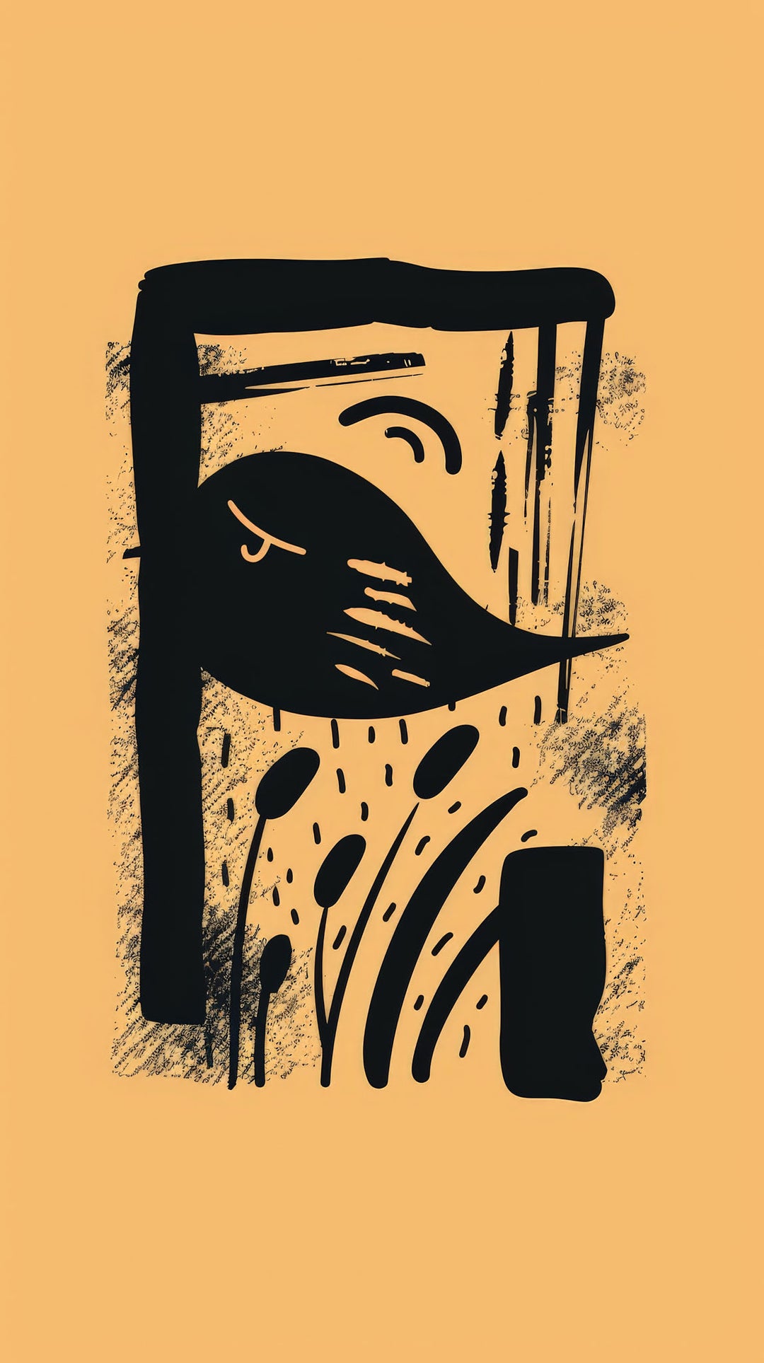 Wadi Home abstract black bird and plant art print on ochre background, modern graphic design.