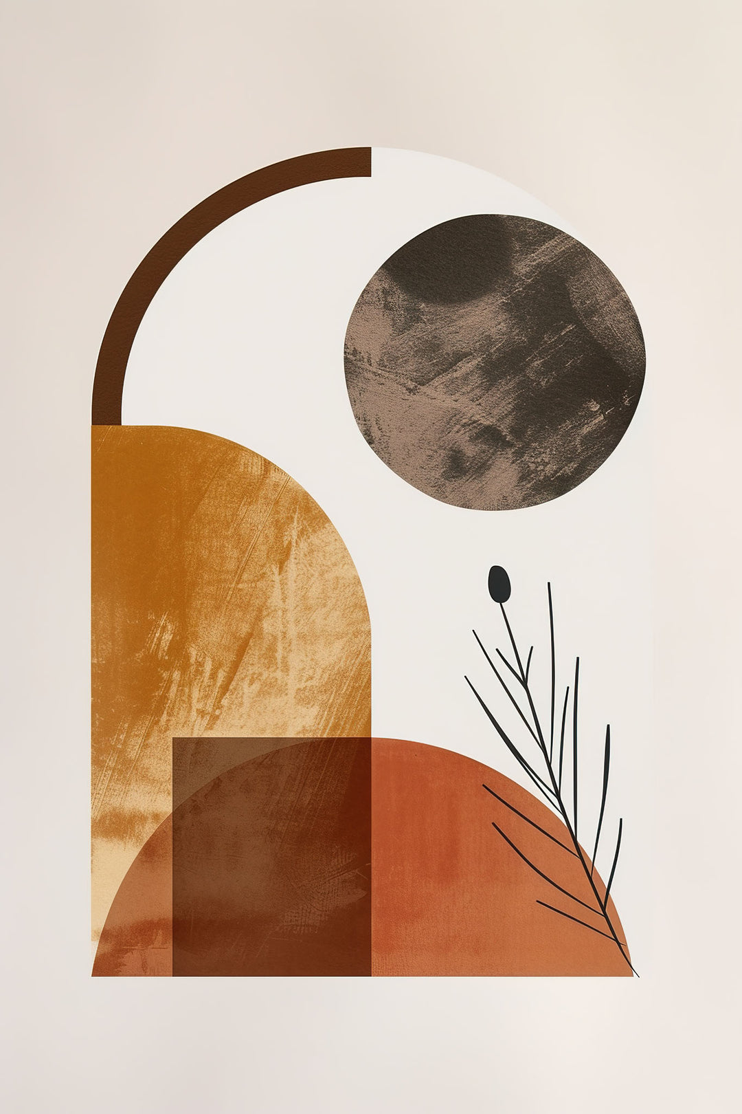 Wadi Home abstract geometric wall art with terracotta, ochre, and brown shapes and a dark circle. Modern minimalist design.