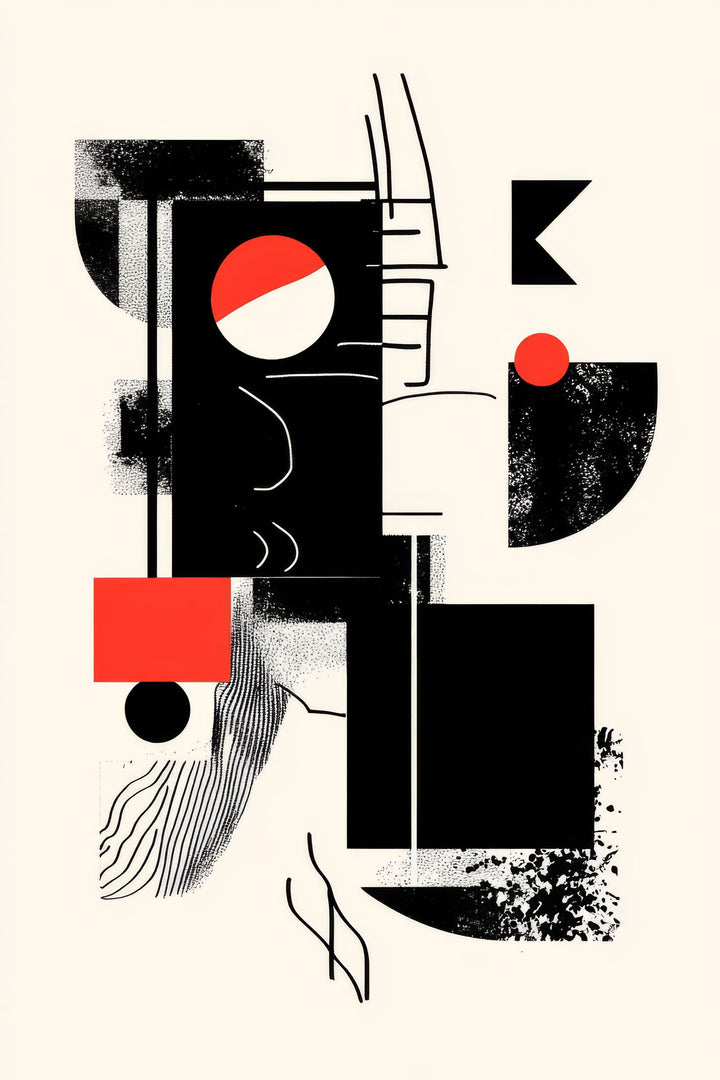 Wadi Home abstract geometric wall art with black, red, and cream shapes. Modern minimalist design.