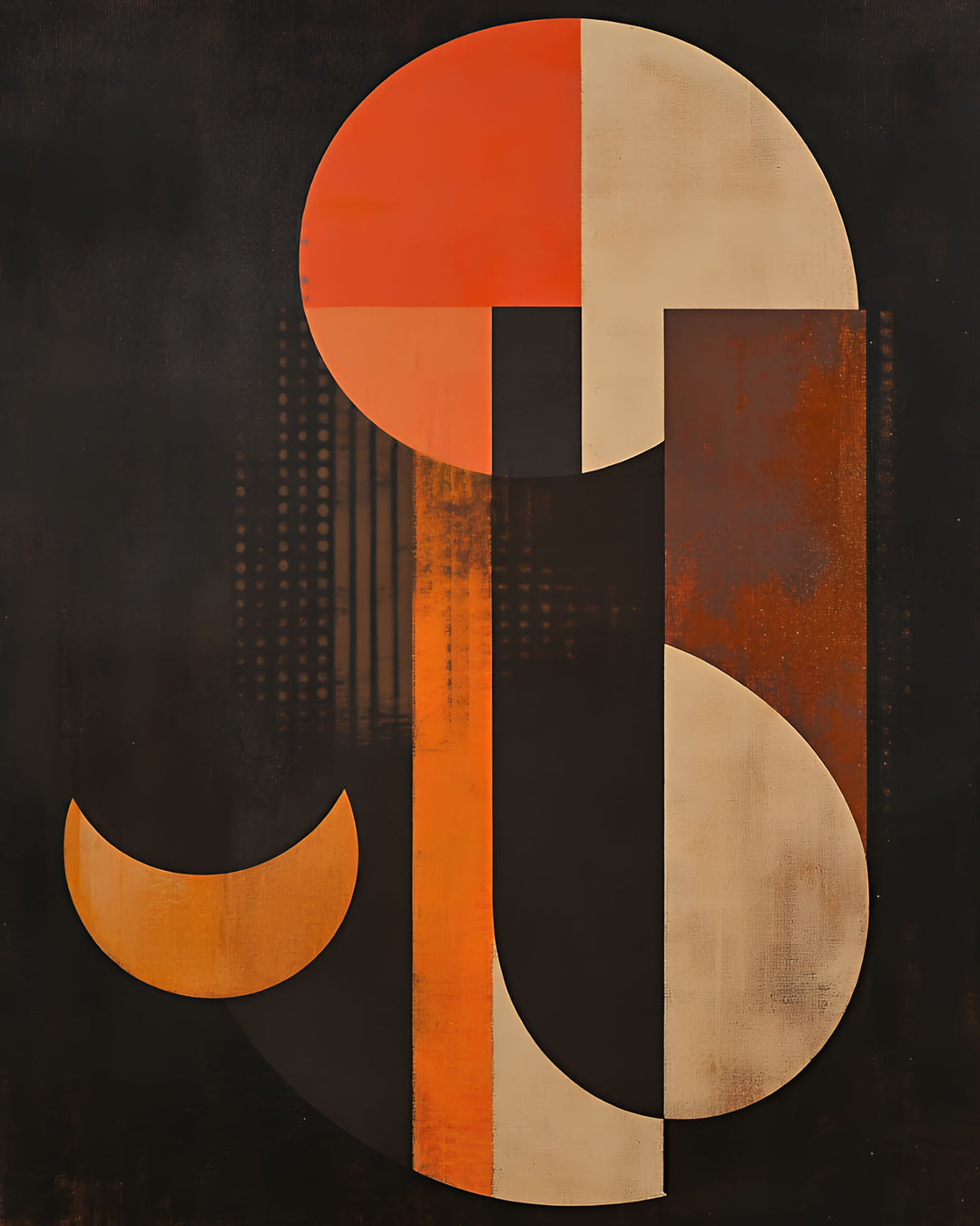Wadi Home abstract geometric wall art with burnt orange, cream, and charcoal shapes. Modern art for living rooms.