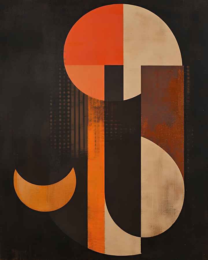 Wadi Home abstract geometric wall art with burnt orange, cream, and charcoal shapes. Modern art for living rooms.