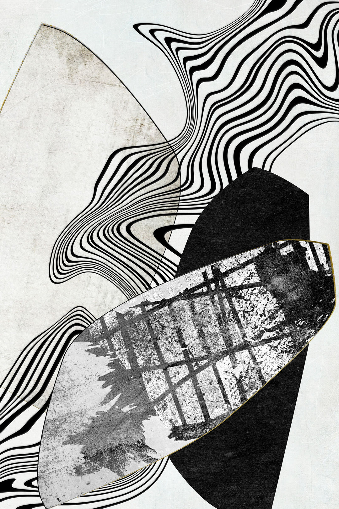 Wadi Home abstract geometric wall art with black, white, and neutral tones, featuring wavy lines and organic shapes.