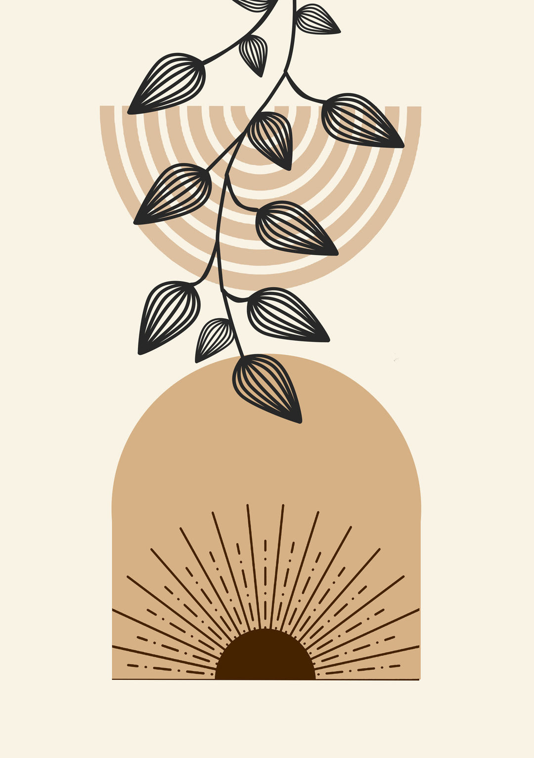 Wadi Home abstract botanical arch wall art with earthy tones and a sunburst motif.