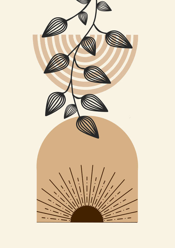 Wadi Home abstract botanical arch wall art with earthy tones and a sunburst motif.