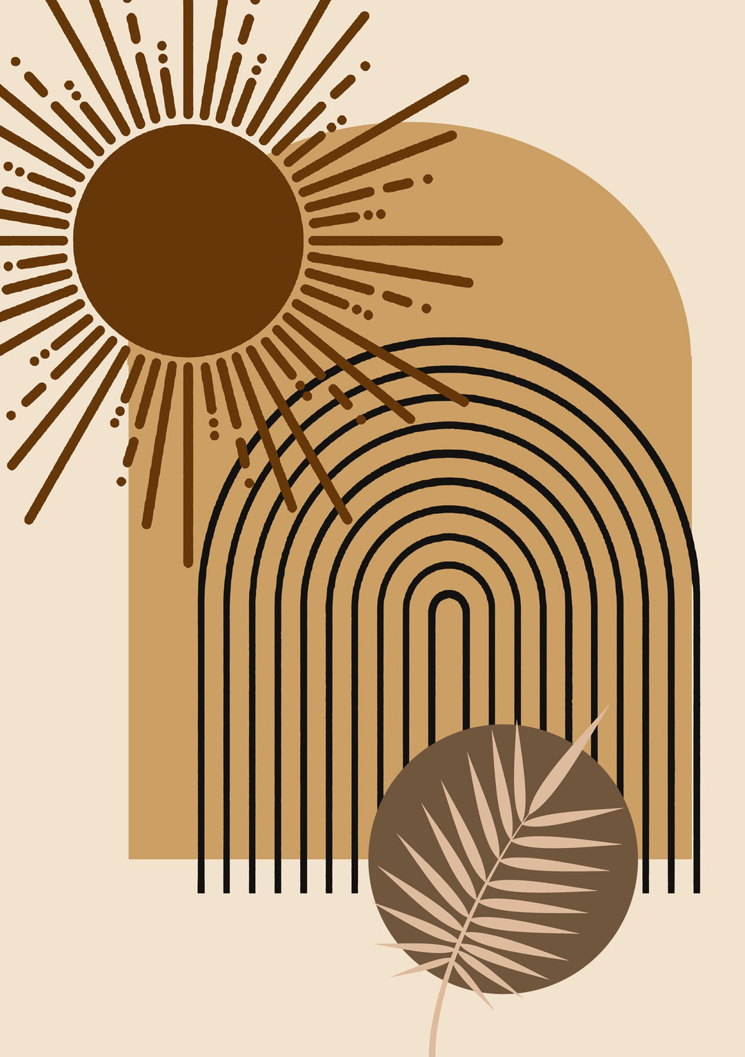 Wadi Home abstract sun and arch wall art with earth tones and leaf accent.