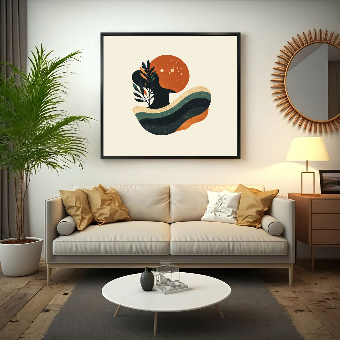 Wadi Home abstract organic shapes wall art with earthy tones and fluid forms, featuring a sun and plant motif.