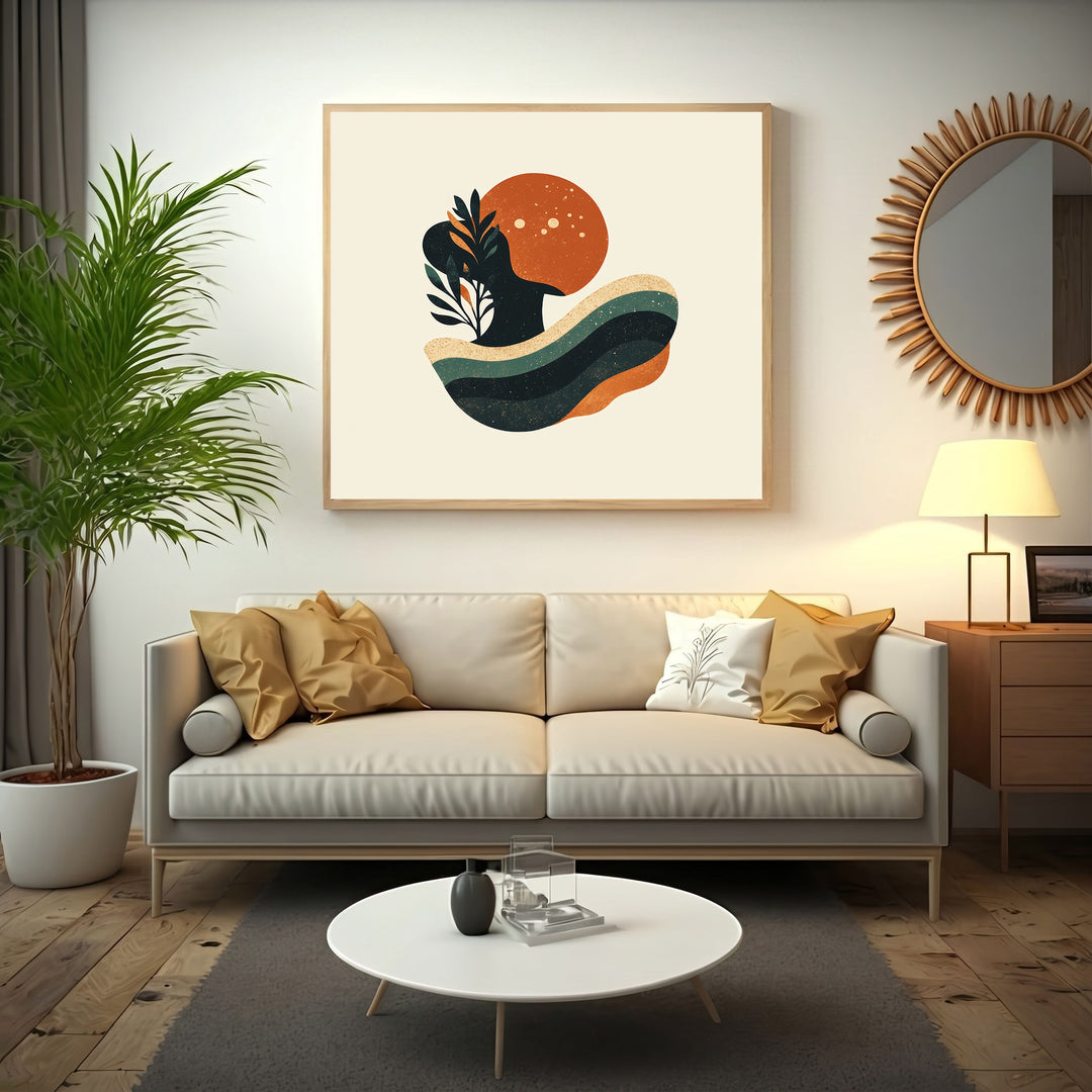 Wadi Home abstract organic shapes wall art with earthy tones and fluid forms, featuring a sun and plant motif.