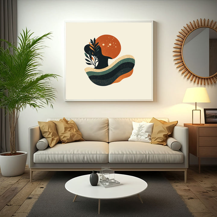 Wadi Home abstract organic shapes wall art with earthy tones and fluid forms, featuring a sun-like circle and layered shapes.