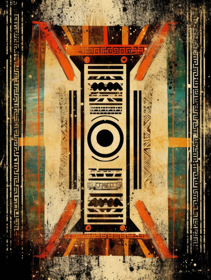 Wadi Home abstract geometric wall art with earthy tones, black, orange, and distressed textures.