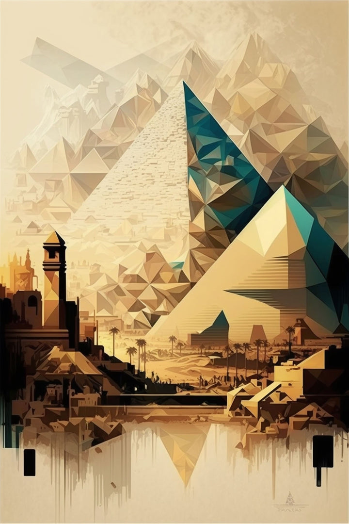 Wadi Home Geometric Egyptian Landscape Wall Art with pyramids and turquoise accents.