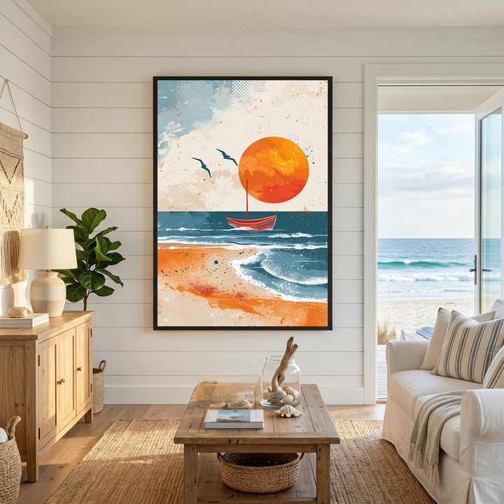 Wadi Home abstract wall art depicting a red sailboat on a blue sea with a large orange sun and two birds flying.