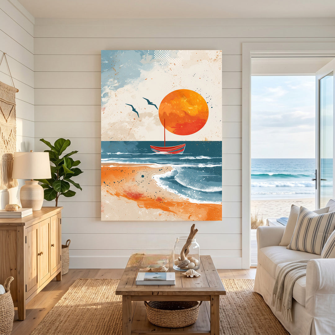 Wadi Home abstract sunset sailboat beach wall art with orange sun, blue sea, and sandy beach. Two birds fly in the sky.