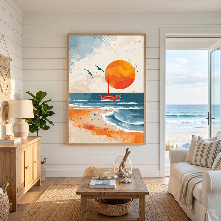Wadi Home abstract sailboat wall art with orange sunset over blue ocean and beach. Features a red sailboat and two birds.