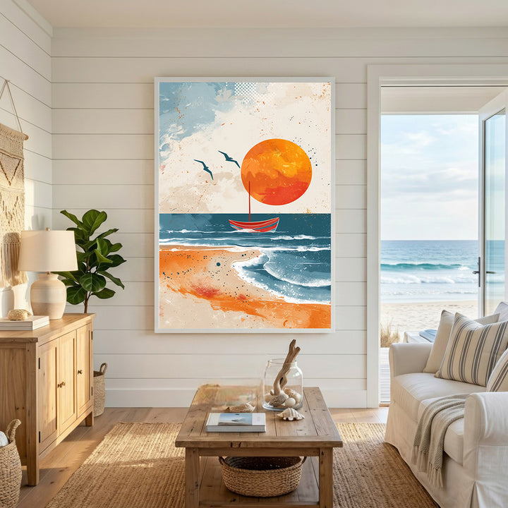 Wadi Home abstract sunset sailboat beach wall art with orange sun, blue sea, and sandy shore.