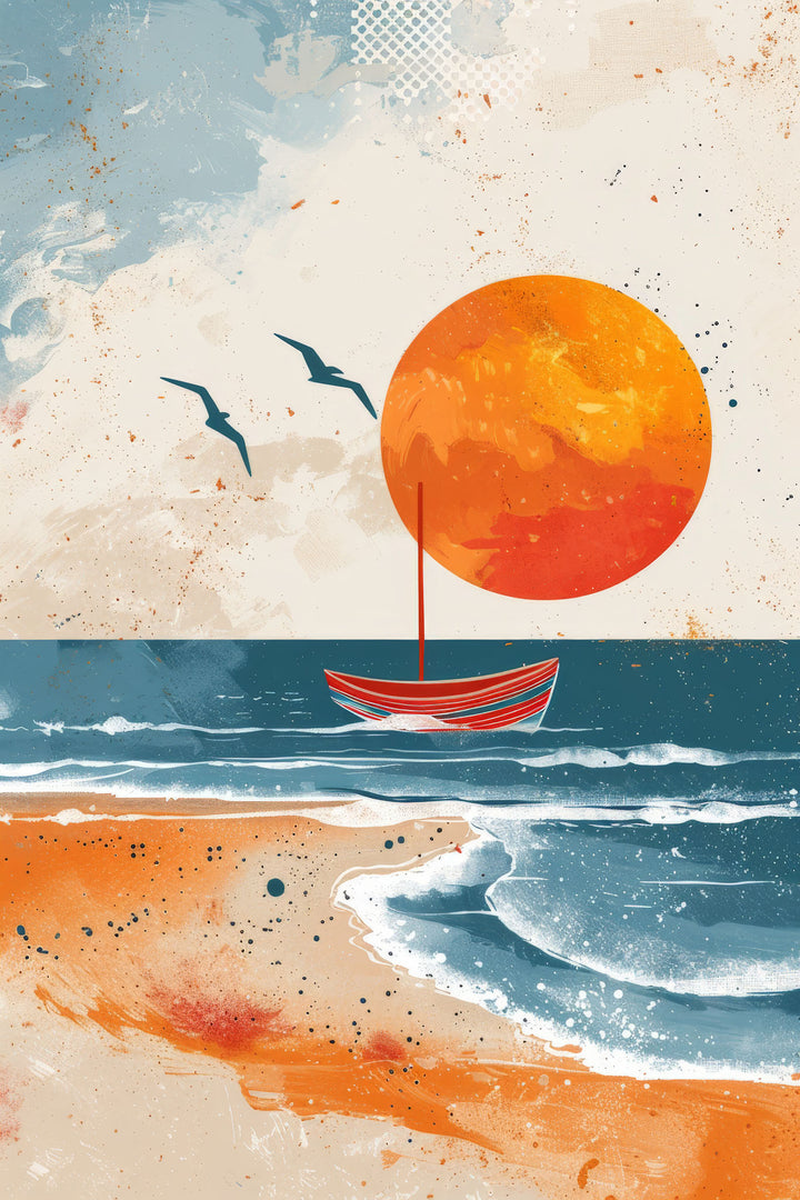 Wadi Home abstract sunset sailboat beach wall art with orange sun, blue sea, and sandy beach. Two birds fly in the sky.