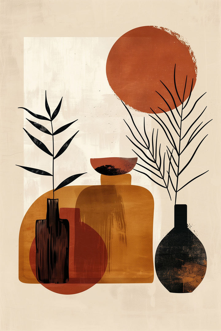 Wadi Home abstract botanical vase wall art in terracotta and black, modern minimalist design.